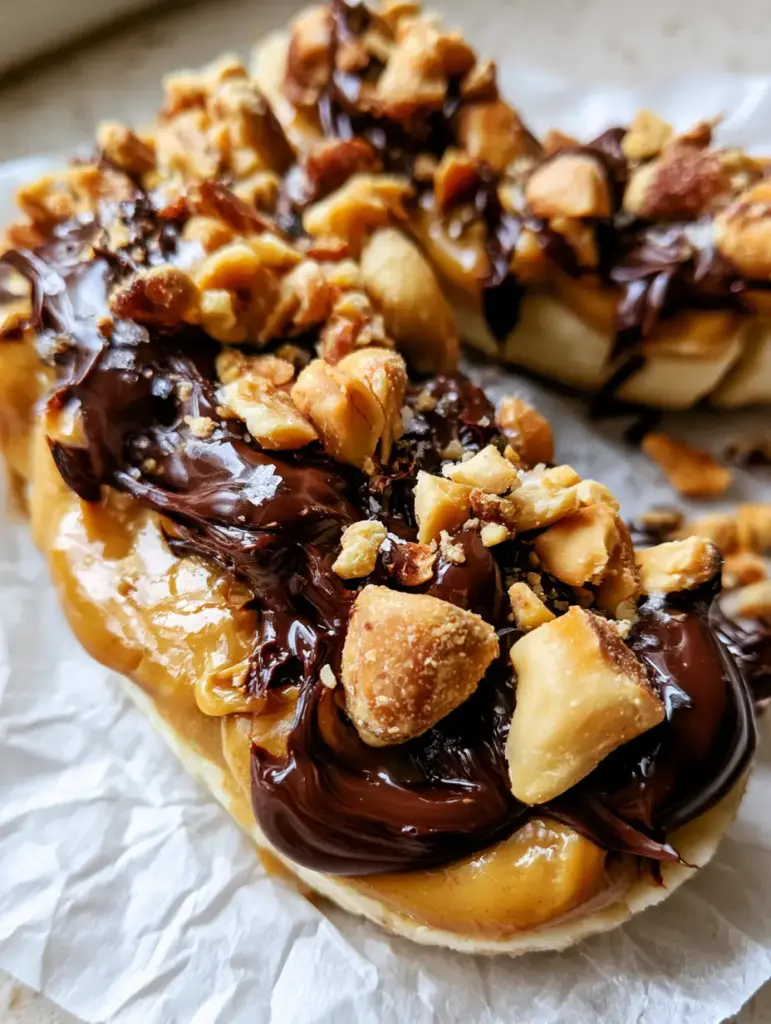 Macro photo showing the thick peanut butter and glossy chocolate on a Banana snickers snack.