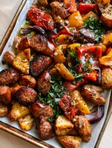 Close up of caramelized Italian sausage coins and crispy Yukon Gold potato wedges (oven roasted sausage and potatoes).