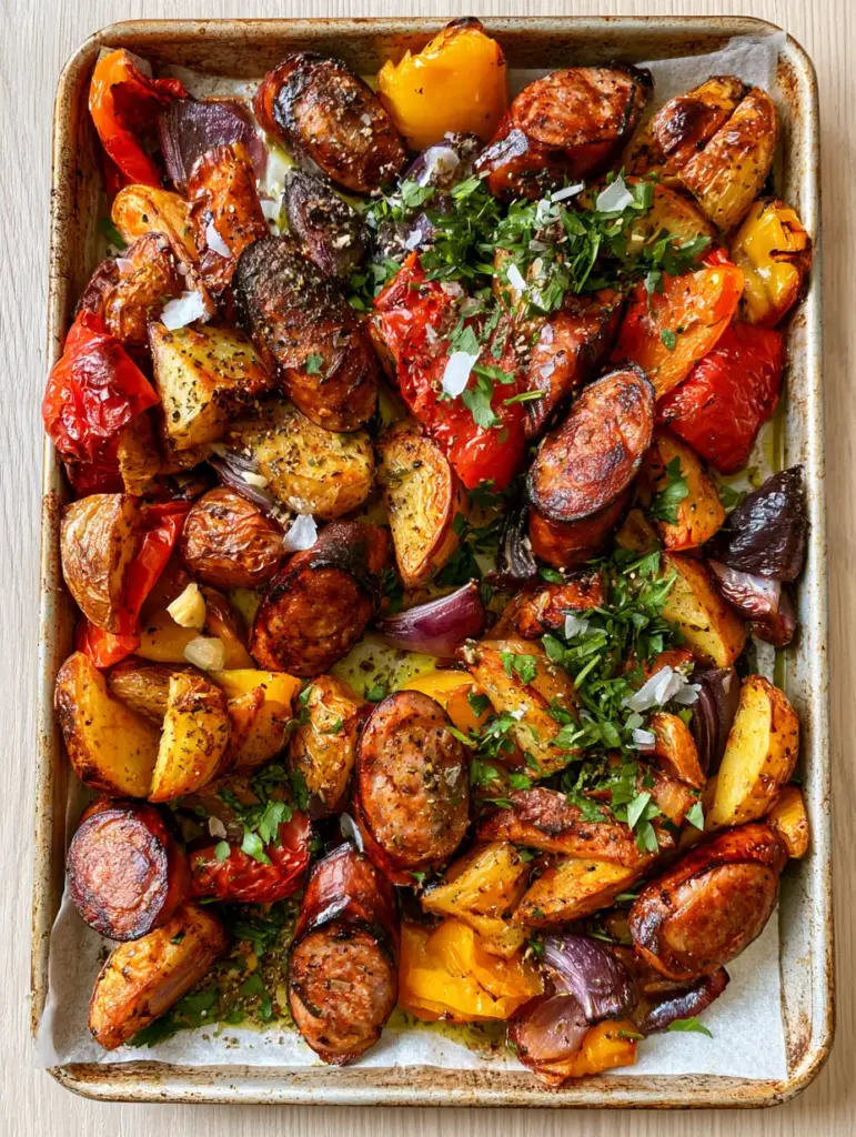 A vibrant tray of oven roasted sausage and potatoes with blistered red and yellow bell peppers and charred onions.