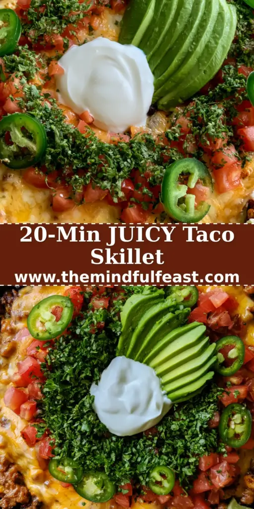 A sizzling black cast-iron skillet filled with browned ground turkey taco meat, black beans, charred corn, and bubbly melted Mexican cheese, garnished with a radial arrangement of tomatoes, jalapeños, and an avocado fan. (Ground Turkey Taco Skillet)