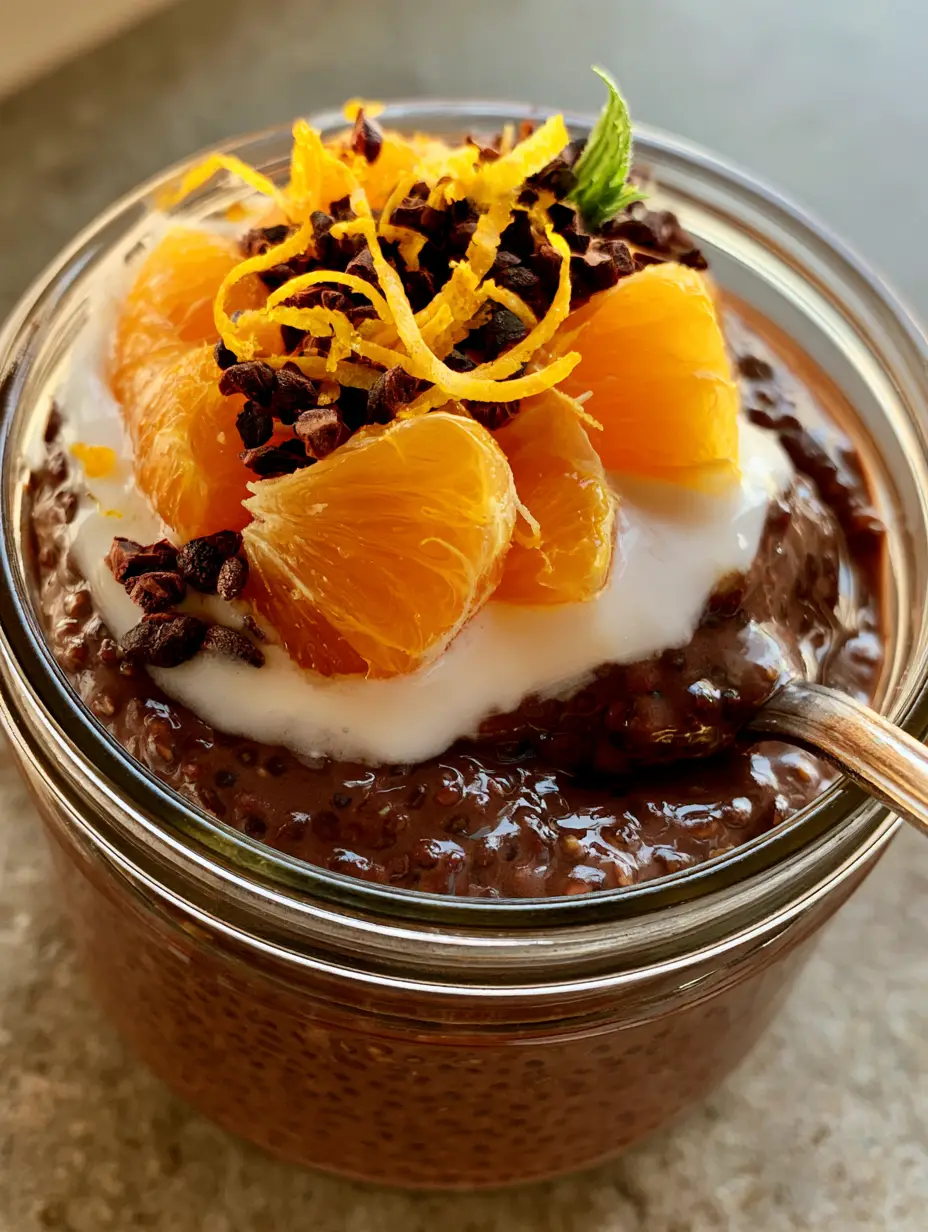 Chocolate Orange Chia Pudding: The Ultimate Decadent Breakfast Jar 3 Handheld smartphone photo of a glass mason jar with dark chocolate chia seed pudding, coconut milk swirl, and orange segments. (Chocolate Orange Chia Pudding)
