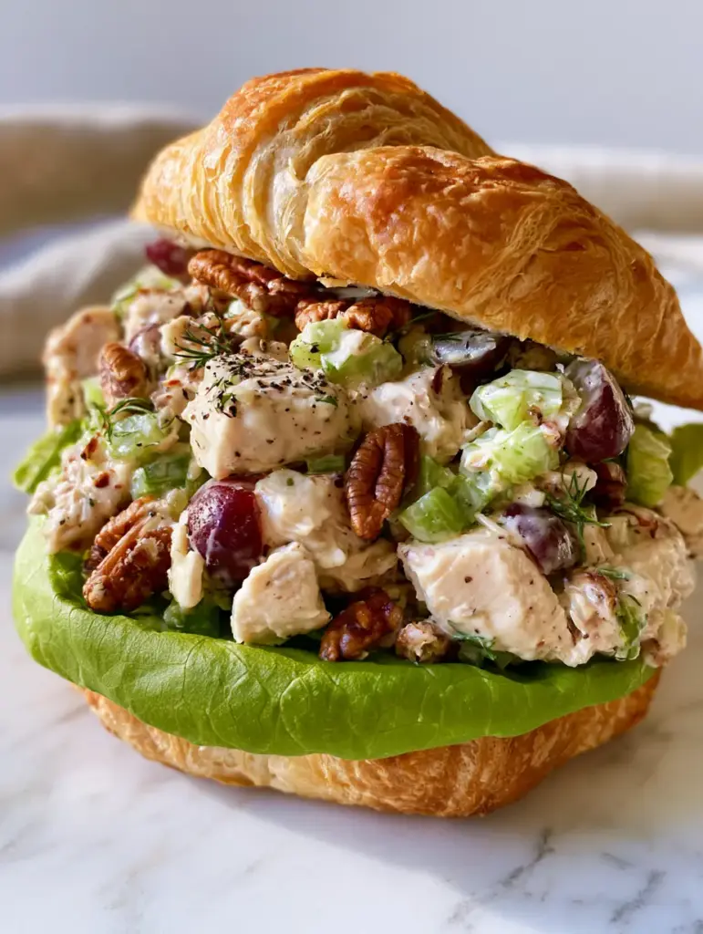 Chicken Salad Sandwiches on Flaky Buttery Croissants 2 Macro side profile of chicken salad sandwiches featuring chunky rotisserie chicken, grapes, and pecans. (chicken salad sandwiches)