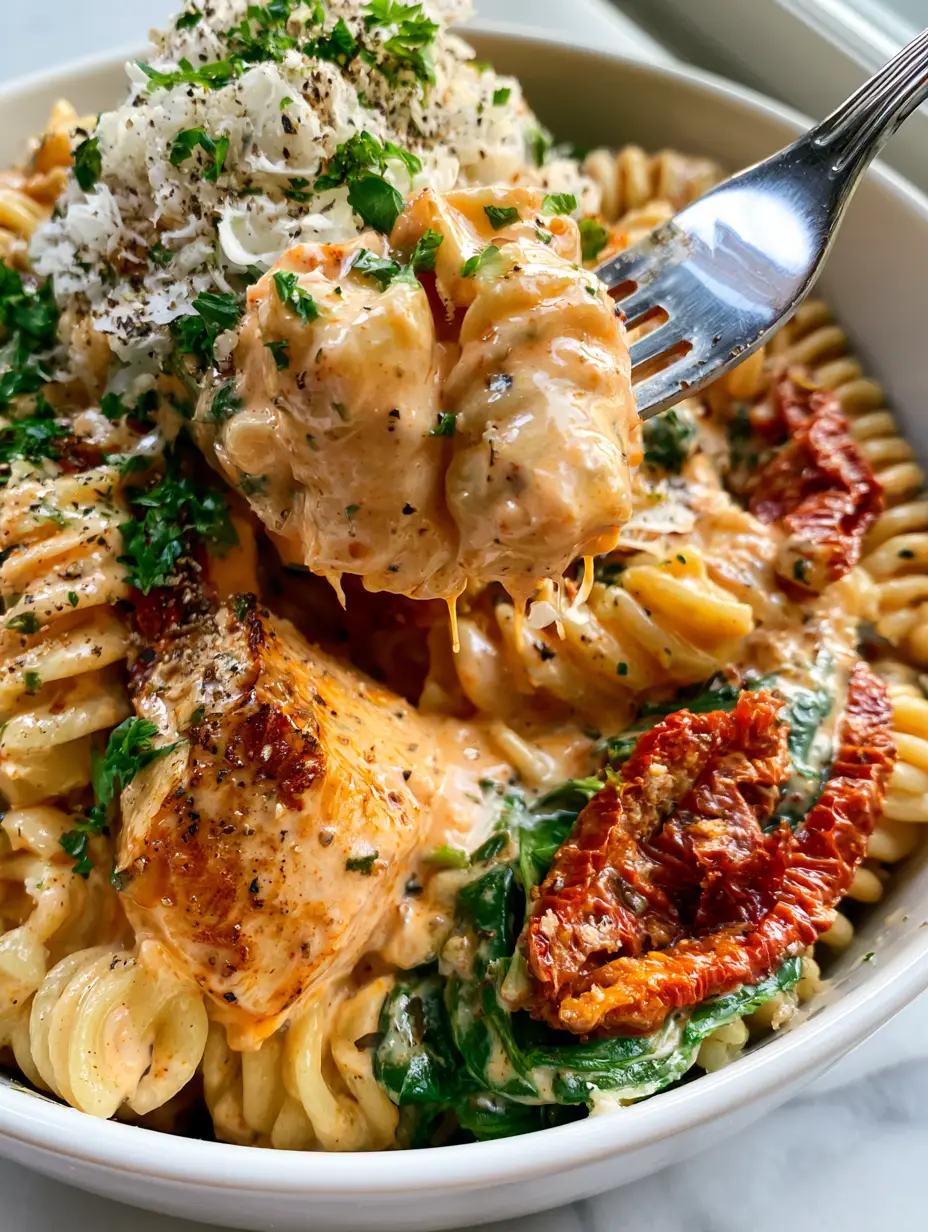 Close-up of rotini pasta coated in thick velvety cream sauce with sun-dried tomatoes and seared chicken chunks. (Marry Me Chicken Pasta Salad)