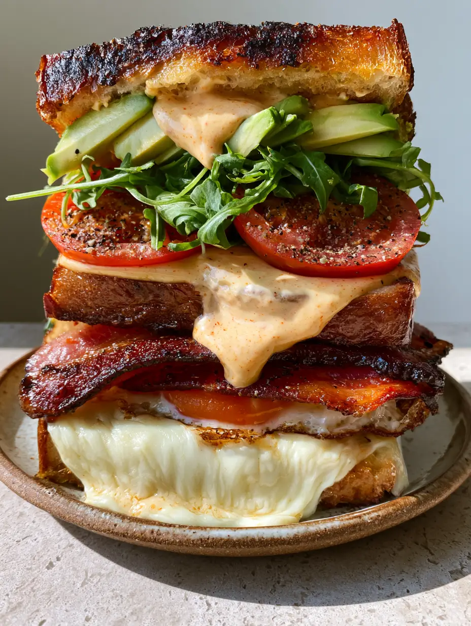 Breakfast Club Sandwich with Peppered Bacon and Chipotle Hollandaise 3 Macro shot of a Breakfast Club Sandwich showing the layers of avocado, tomato, and melted white cheddar.