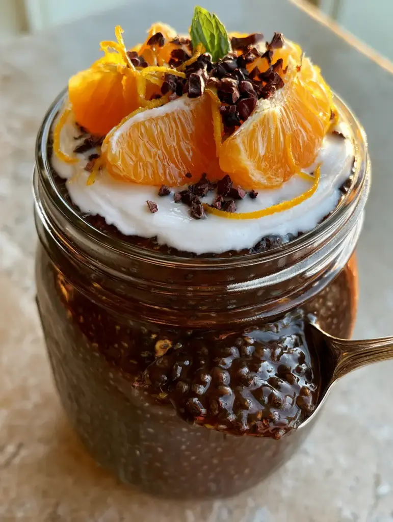 Chocolate Orange Chia Pudding: The Ultimate Decadent Breakfast Jar 1 Close up of a silver spoon dipping into a Chocolate Orange Chia Pudding jar revealing the creamy interior and cacao nibs.