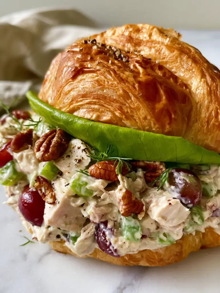 Chicken Salad Sandwiches on Flaky Buttery Croissants 1 Eye-level close-up of a luxurious chicken salad sandwich showing the flaky golden layers of the croissant and vibrant green lettuce.