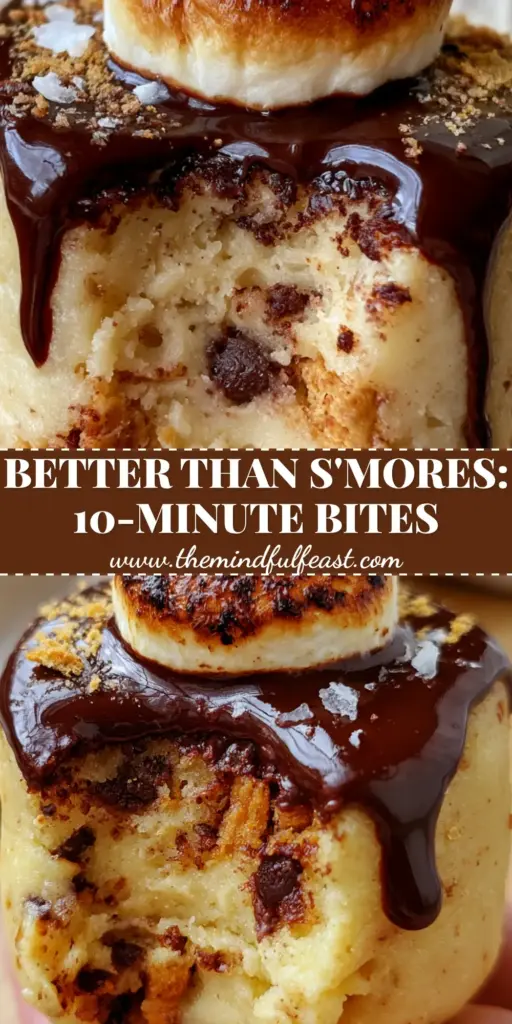 A close-up vertical shot of No Bake S’mores Cookie Dough Bites with charred marshmallows and chocolate drizzle on a linen napkin.