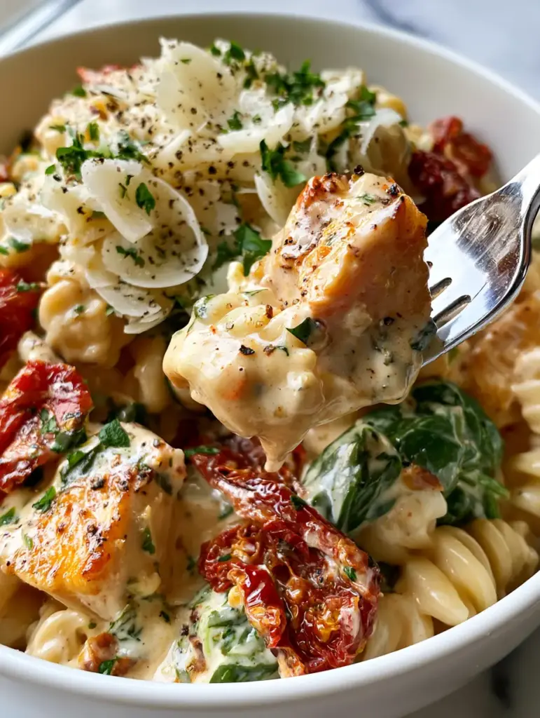 A silver fork lifting a creamy bite of Marry Me Chicken Pasta Salad from a bowl, showing the sauce dripping and the vibrant green parsley garnish.