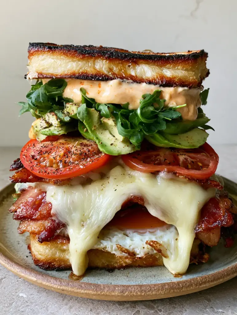 Breakfast Club Sandwich with Peppered Bacon and Chipotle Hollandaise 1 Eye-level view of a Breakfast Club Sandwich with a cascading fried egg yolk and crispy peppered bacon.