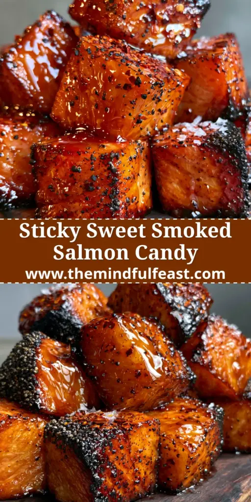 Smoked Candied Salmon with a Glistening Maple Glaze 4 A pile of thick-cut Atlantic salmon cubes, hot-smoked to a rich coral-orange with a thick amber maple glaze on a wooden board. (Smoked Candied Salmon)