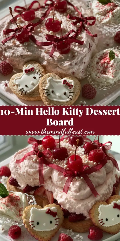 Hello Kitty Snacks: The Ultimate Aesthetic Pink Dessert Board 4 Overhead smartphone photo of a Hello Kitty shaped wooden platter filled with pink snacks, strawberry bows, and yogurt dip. (Hello Kitty Snacks)
