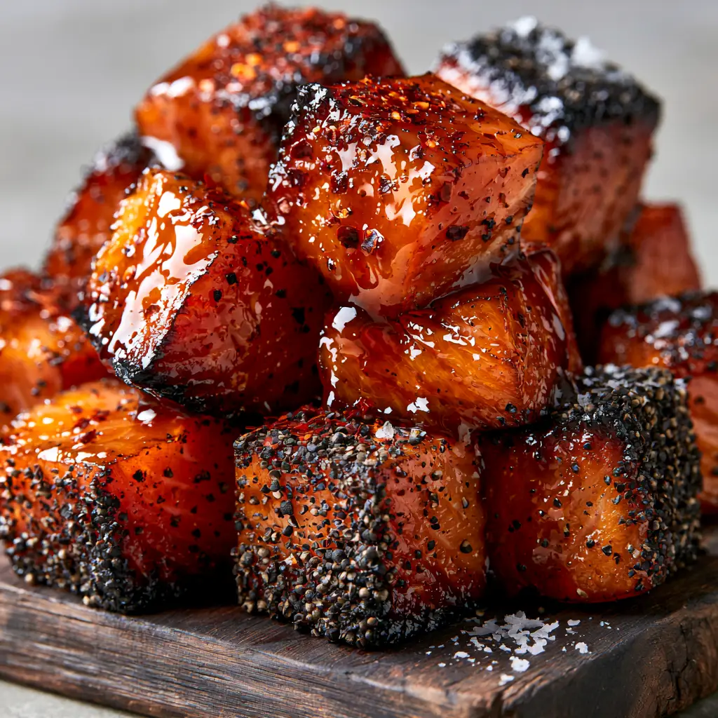 Smoked Candied Salmon with a Glistening Maple Glaze 2 Close up of Smoked Candied Salmon showing the sticky amber glaze and cracked black pepper crust. (Smoked Candied Salmon)