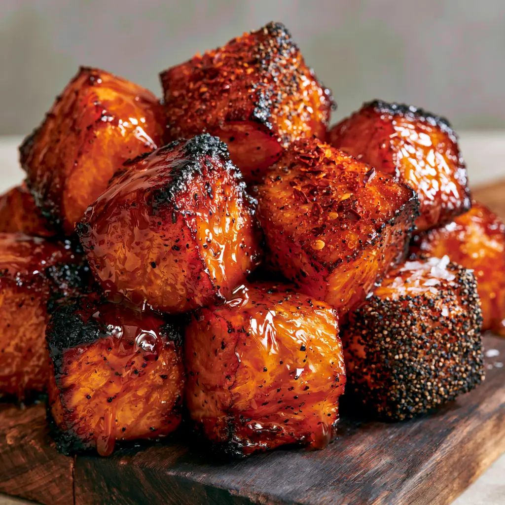 Smoked Candied Salmon with a Glistening Maple Glaze 1 Rustic wooden board topped with caramelized smoked salmon bites dusted with chili flakes.