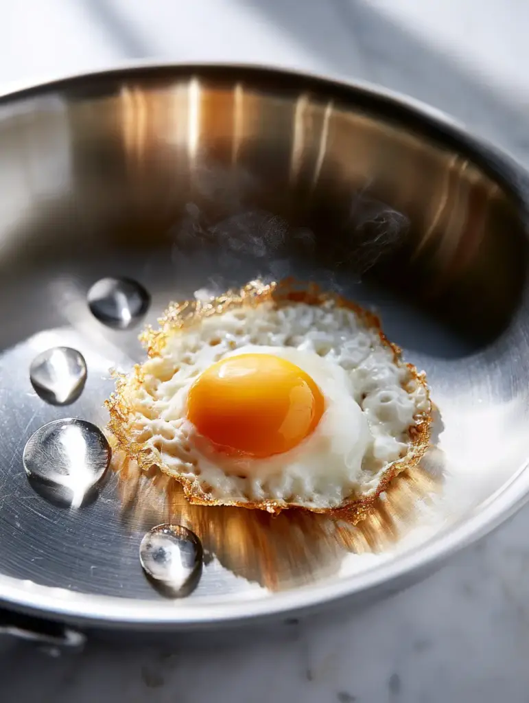 Stainless Steel Pot Cooking Secrets: Mastering the Perfect Crispy Lace Sunny-Side-Up Egg 1 Extreme close-up of a vibrant orange egg yolk and crispy golden edges in a stainless steel pot.