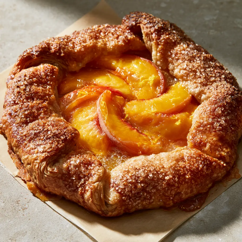 The Ultimate Rustic Peach Galette Recipe for a Golden Summer Dessert 1 Rustic golden-brown pastry crust with visible flaky layers and heavy turbinado sugar coating. (peach galette recipe)