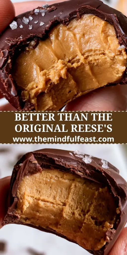 A close-up vertical shot of a healthy Reese's egg with a bite taken out, showing the creamy peanut butter center and dark chocolate shell on a white marble surface. (healthy Reese's eggs recipe)