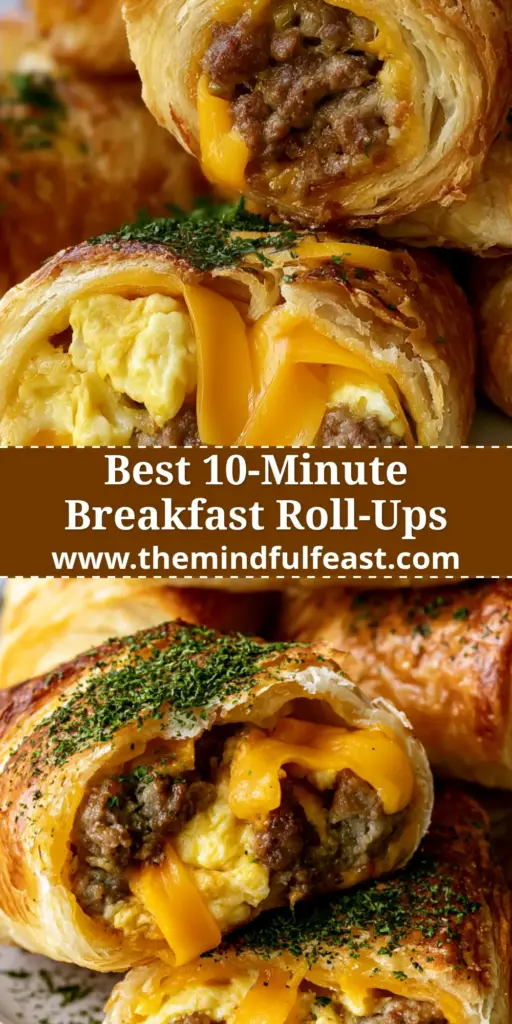 Sausage Egg Cheese Breakfast Roll-Ups with Flaky Crescent Dough 4 A stack of golden flaky Sausage Egg Cheese Breakfast Roll-Ups on a plate, one sliced to show the steaming savory filling.