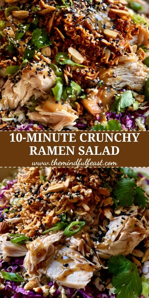 A close-up shot of ramen Chinese chicken salad in a cream bowl featuring toasted ramen bits, purple cabbage, and hand-torn chicken.