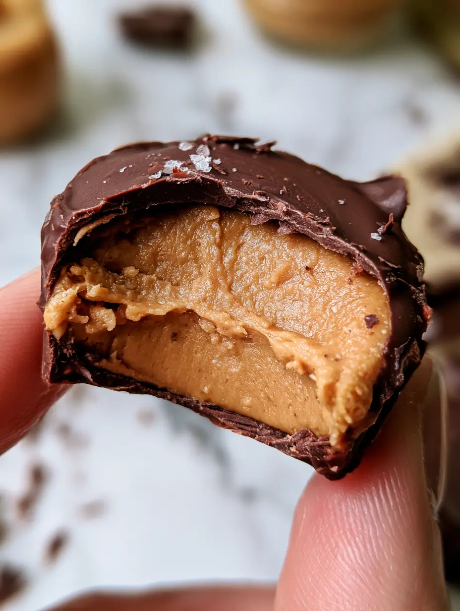 POV smartphone photo of a hand holding a healthy Reese's egg with a jagged bite mark revealing a matte peanut butter center. (healthy Reese's eggs recipe)