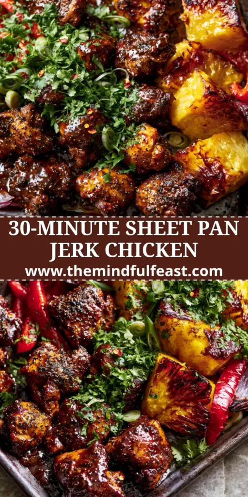 A rustic sheet pan of Jamaican Pineapple Jerk Chicken with glistening dark glaze, charred pineapple, and vibrant red peppers.