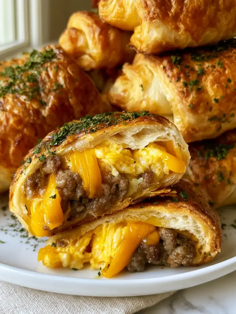 Sausage Egg Cheese Breakfast Roll-Ups with Flaky Crescent Dough 2 High-angle shot of Sausage Egg Cheese Breakfast Roll-Ups showing shattered pastry layers and glossy finish.