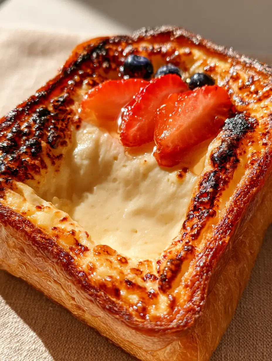 Yogurt Custard Toast: The Ultimate Charred Brioche Breakfast Guide 3 Close-up of creamy pale-ivory Yogurt Custard Toast inside a thick brioche well with golden charred blisters.