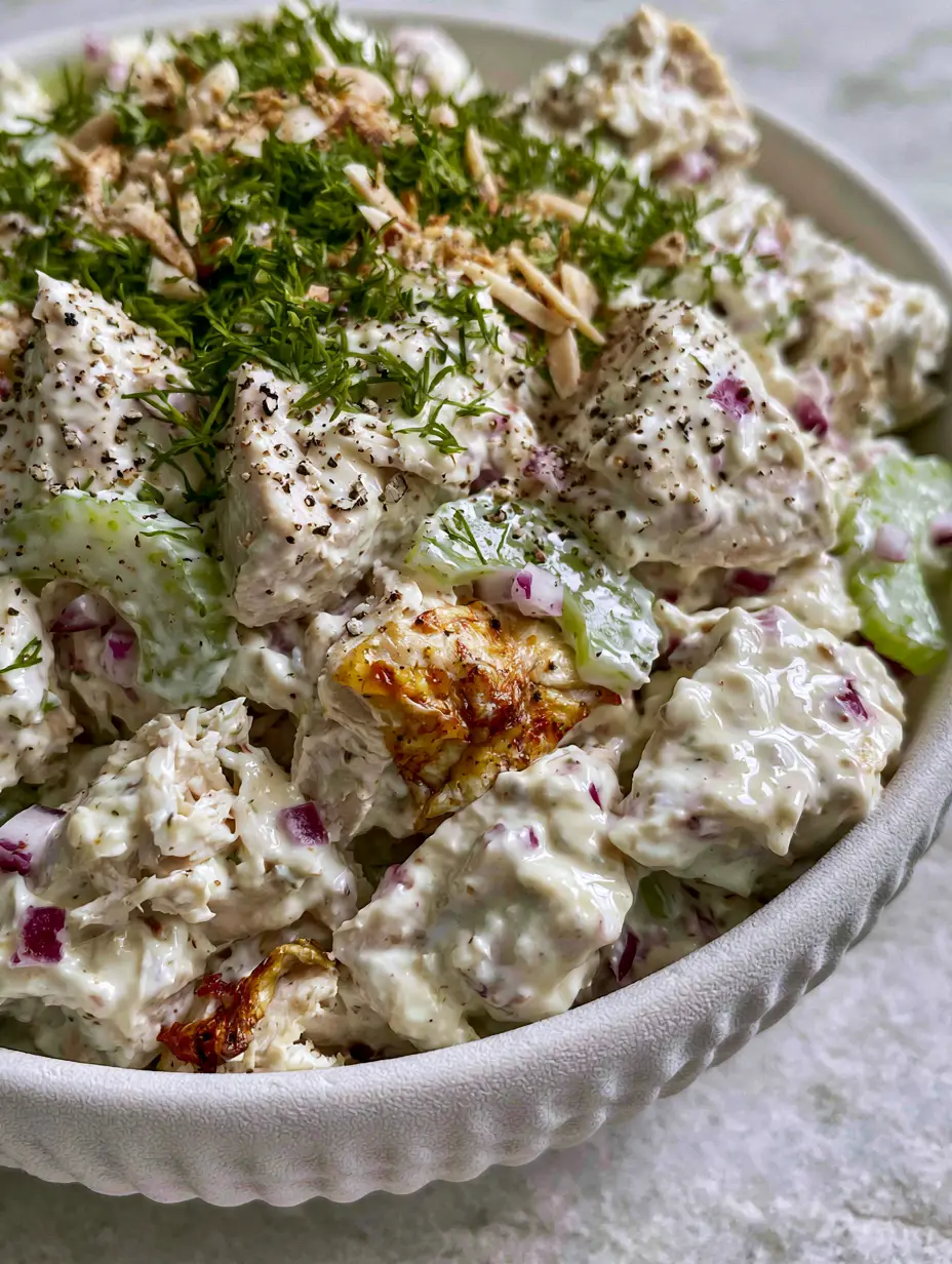 Homemade Chicken Salad with Creamy Greek Yogurt and Toasted Almonds 3 Macro close-up of Homemade Chicken Salad showing glossy ivory dressing and roasted skin bits.