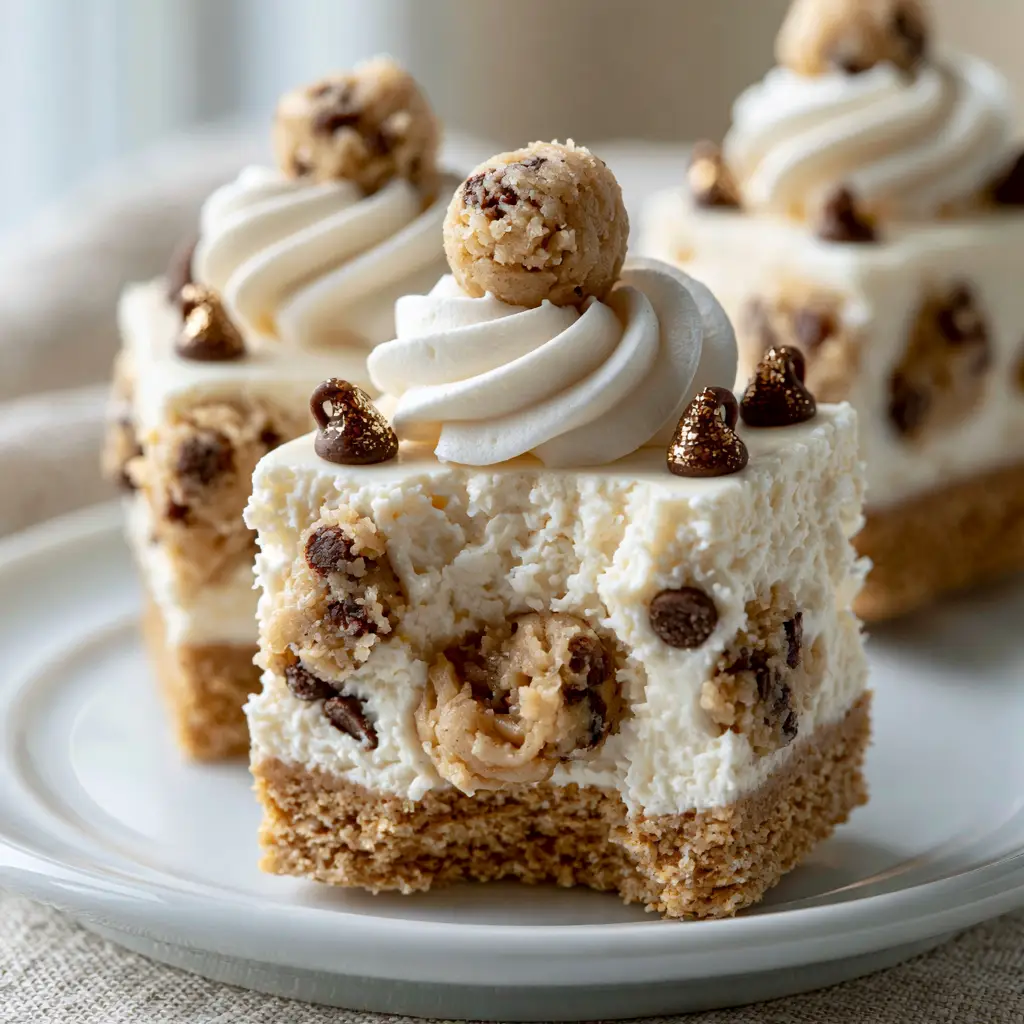 Chocolate Chip Cookie Dough Cheesecakes: The Ultimate Mini Square Bites 2 Close up shot of chocolate chip cookie dough cheesecakes showing the velvety filling and golden crust.