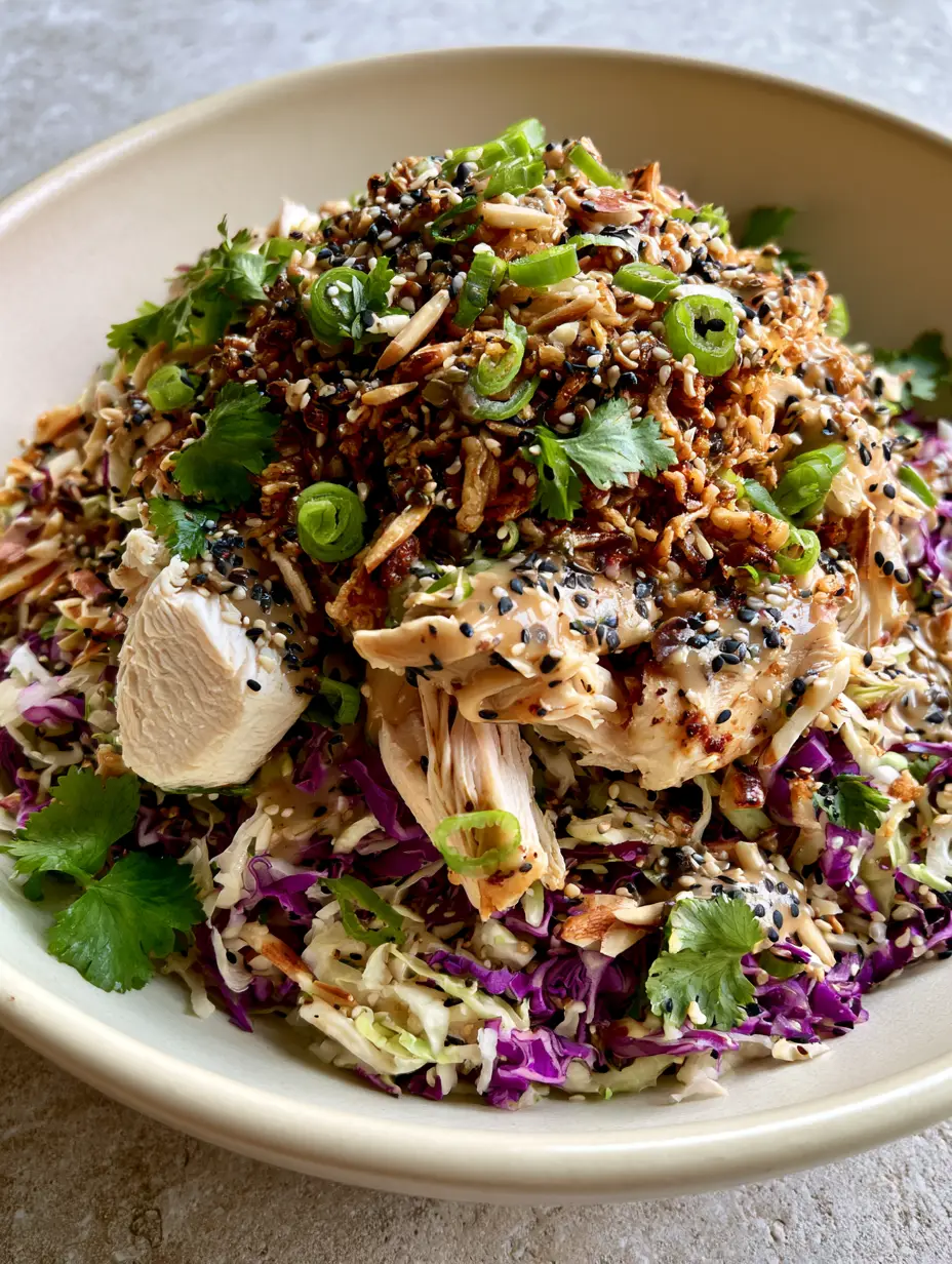 Macro photo of shredded napa and purple cabbage topped with toasted ramen noodles and black sesame seeds. (ramen Chinese chicken salad)