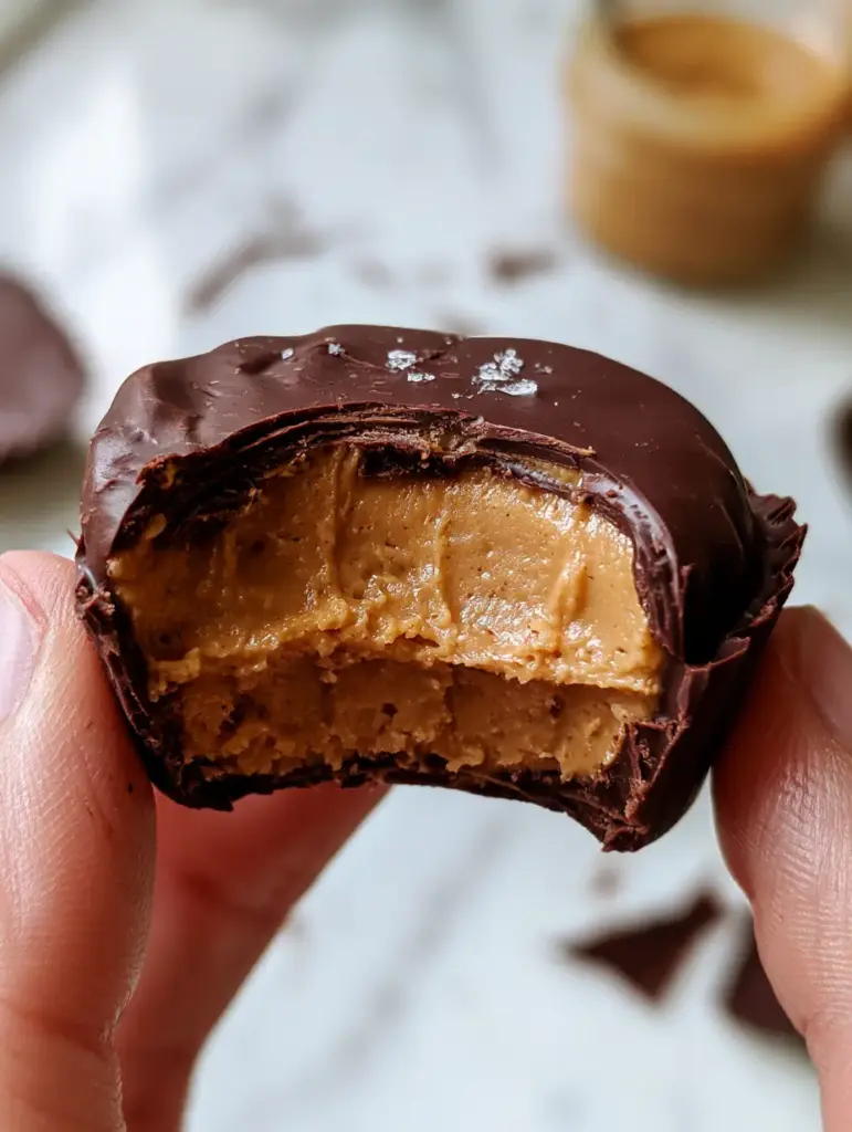 Several dark chocolate peanut butter eggs scattered on a white marble countertop with flakes of sea salt and a jar of peanut butter in the background.