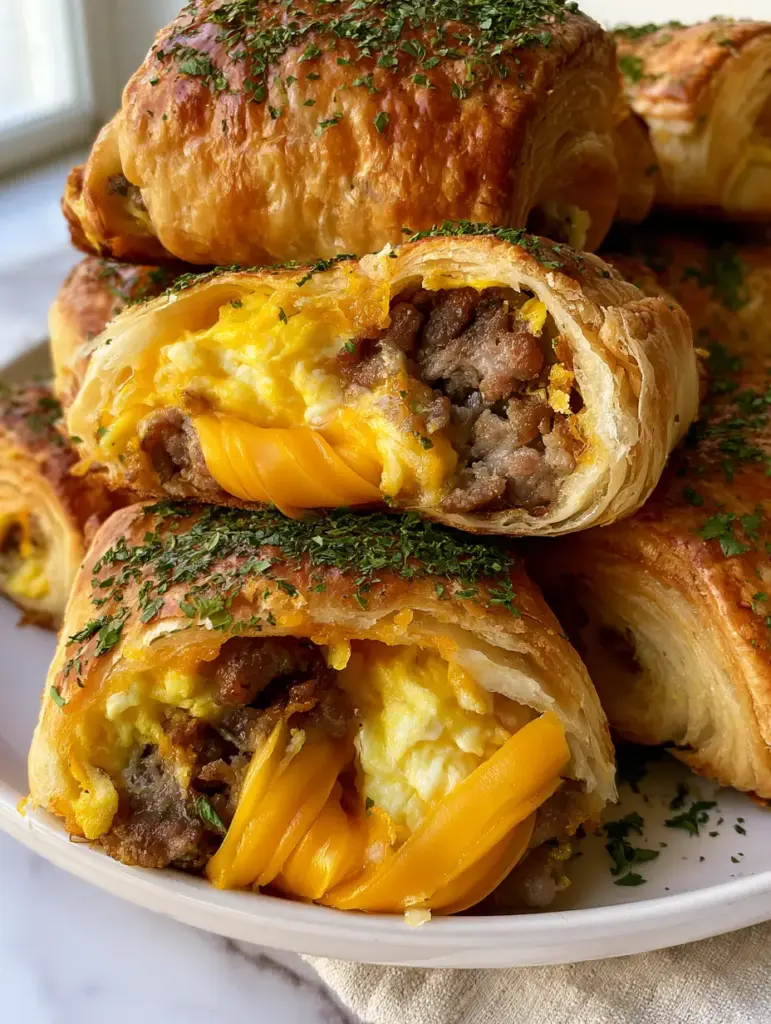 Sausage Egg Cheese Breakfast Roll-Ups with Flaky Crescent Dough 1 A close-up of a sliced Sausage Egg Cheese Breakfast Roll-Up revealing ribbons of melted yellow cheddar and savory pork sausage.