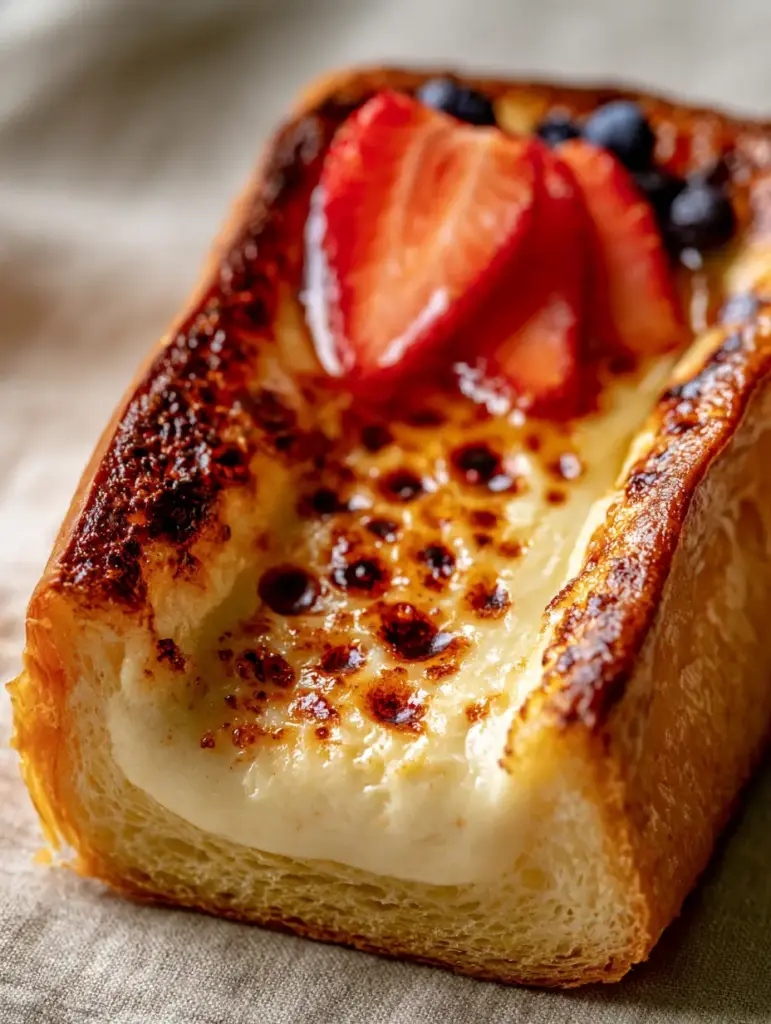 Yogurt Custard Toast: The Ultimate Charred Brioche Breakfast Guide 1 Side lighting hitting a Yogurt Custard Toast with flaky toasted crust and fresh fruit toppings.
