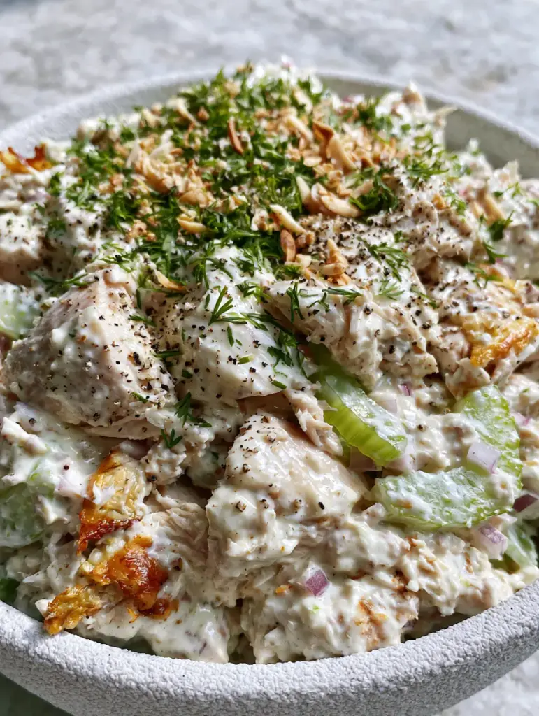 Homemade Chicken Salad with Creamy Greek Yogurt and Toasted Almonds 1 Eye-level view of chicken salad in a white bowl on a stone countertop with natural lighting.