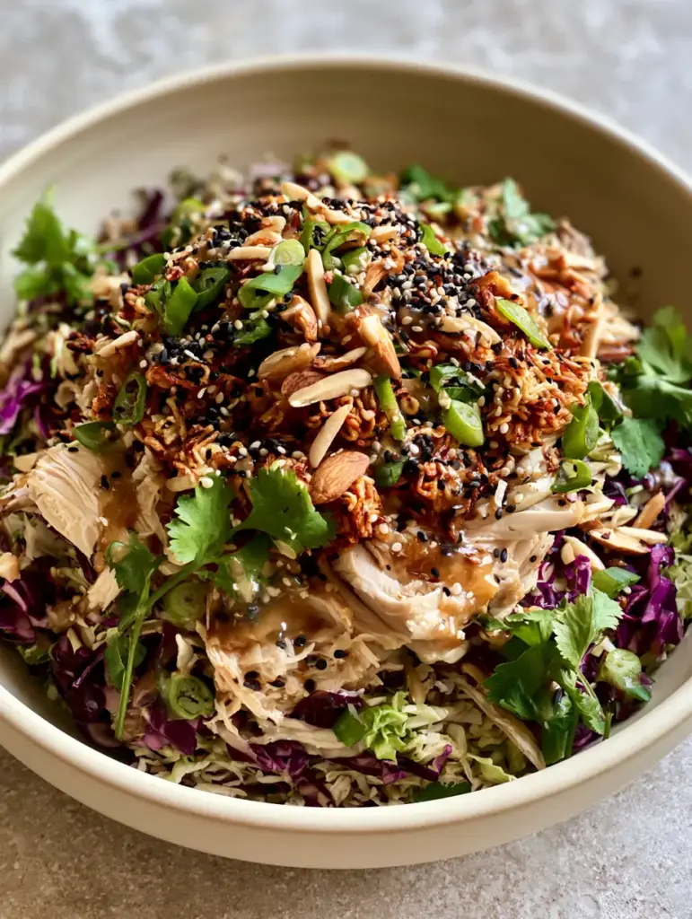 Slightly angled overhead view of ramen Chinese chicken salad with glossy dressing drizzled over moist chicken chunks and fresh cilantro.