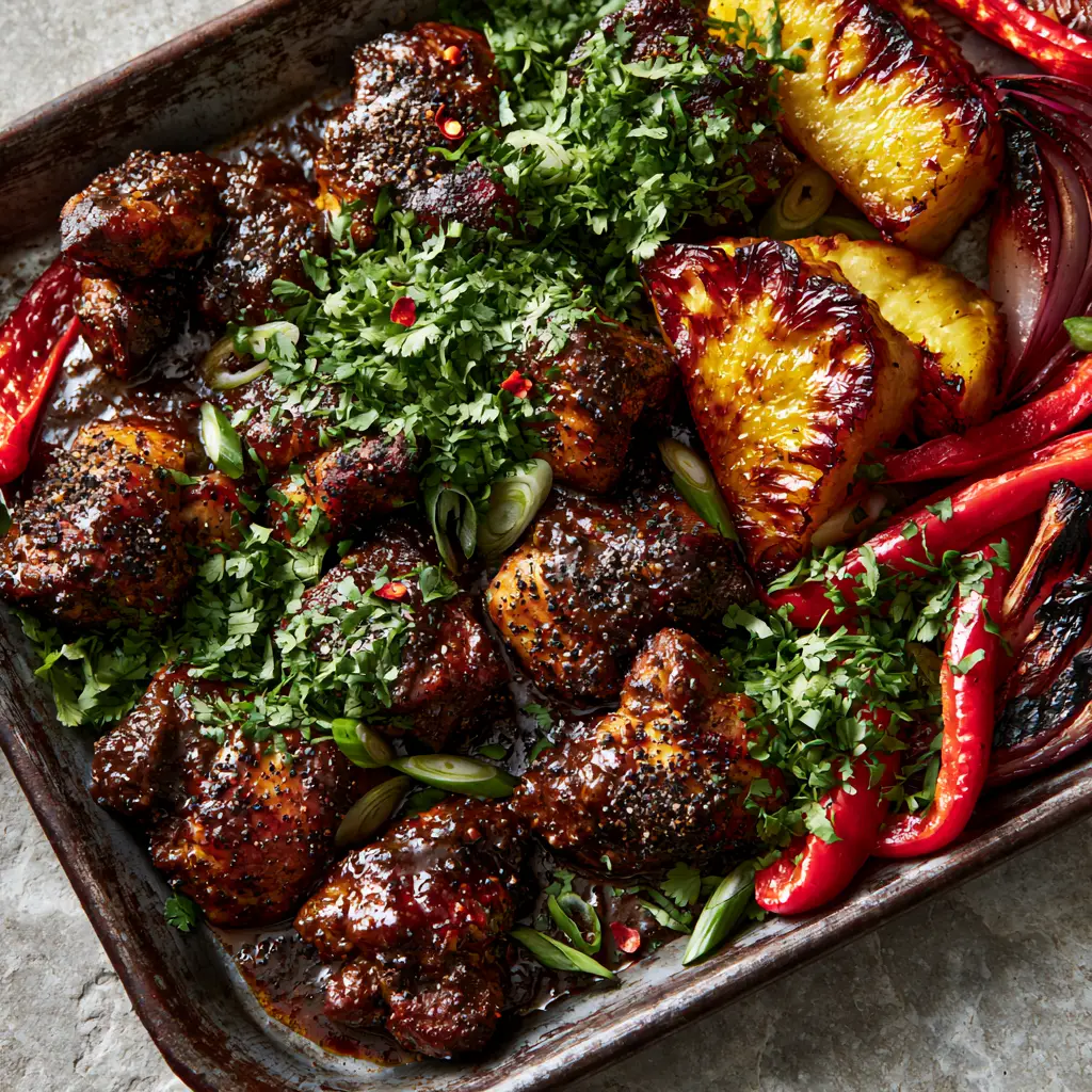 Close-up of bite-sized jerk chicken coated in dark-umber sauce with scallions and chili flakes.