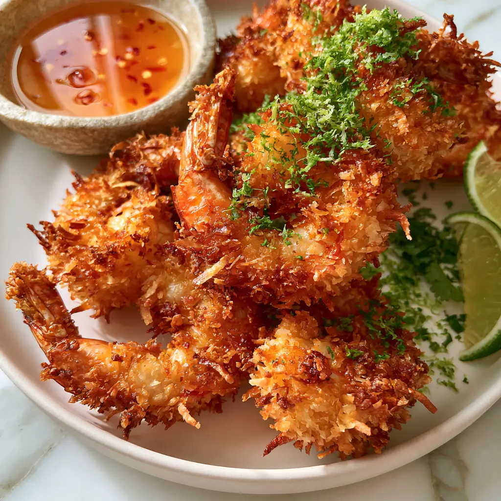 Coconut Shrimp with a Shatter-Crisp Golden Panko Crust 2 Macro shot of large jumbo tiger shrimp with a thick, golden-brown coconut crust. (Coconut shrimp)