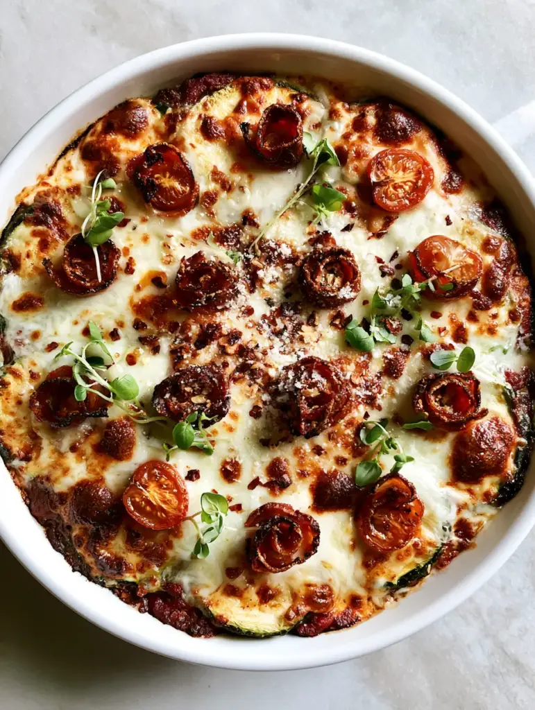 Zucchini Pizza Casserole: The Ultimate Crispy, Low-Carb Italian Bake 2 Overhead view of firm roasted zucchini rounds layered with melted mozzarella and toasted golden spots. (Zucchini Pizza Casserole)