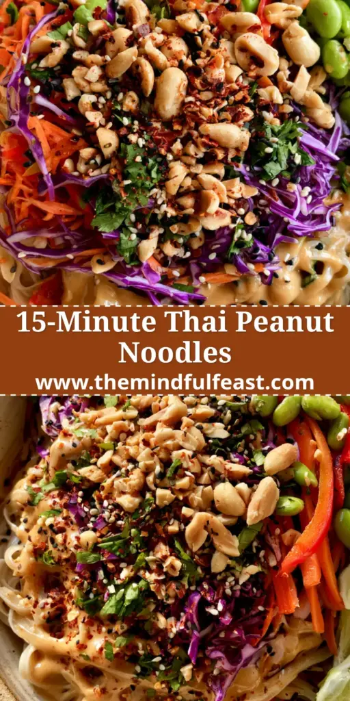 Thai Peanut Noodle Salad with Creamy Satay Dressing 4 A vibrant mound of Thai Peanut Noodle Salad in a ceramic bowl, topped with shredded purple cabbage, julienned carrots, and edamame, drizzled with glossy tan sauce.