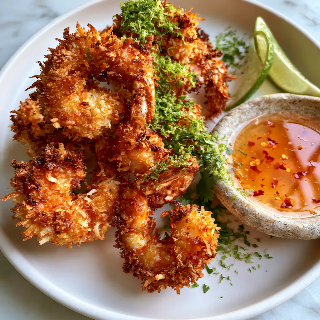 Coconut Shrimp with a Shatter-Crisp Golden Panko Crust 1 Top-down view of coconut shrimp on a white plate with lime zest and cilantro garnishes.