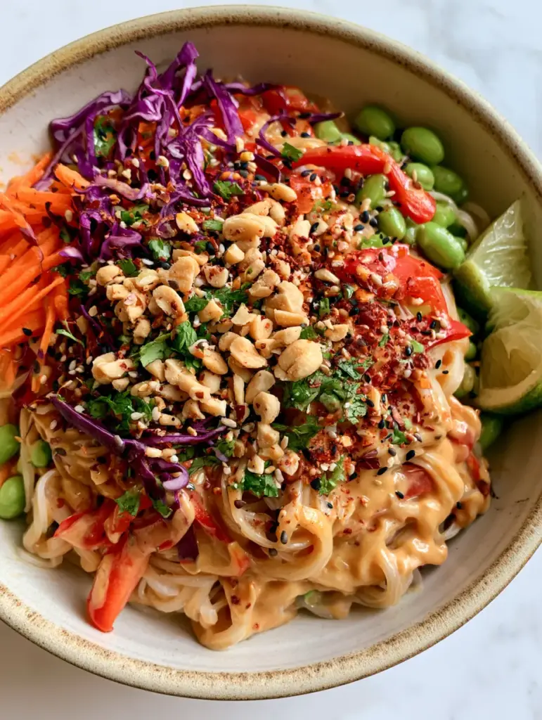Thai Peanut Noodle Salad with Creamy Satay Dressing 2 Top-down macro shot of silky rice noodles coated in creamy tan peanut sauce with crushed peanuts and sesame seeds. (Thai Peanut Noodle Salad)
