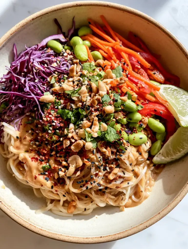 Thai Peanut Noodle Salad with Creamy Satay Dressing 1 Overhead view of a Thai Peanut Noodle Salad bowl showing a rainbow of purple cabbage, red peppers, and green edamame.