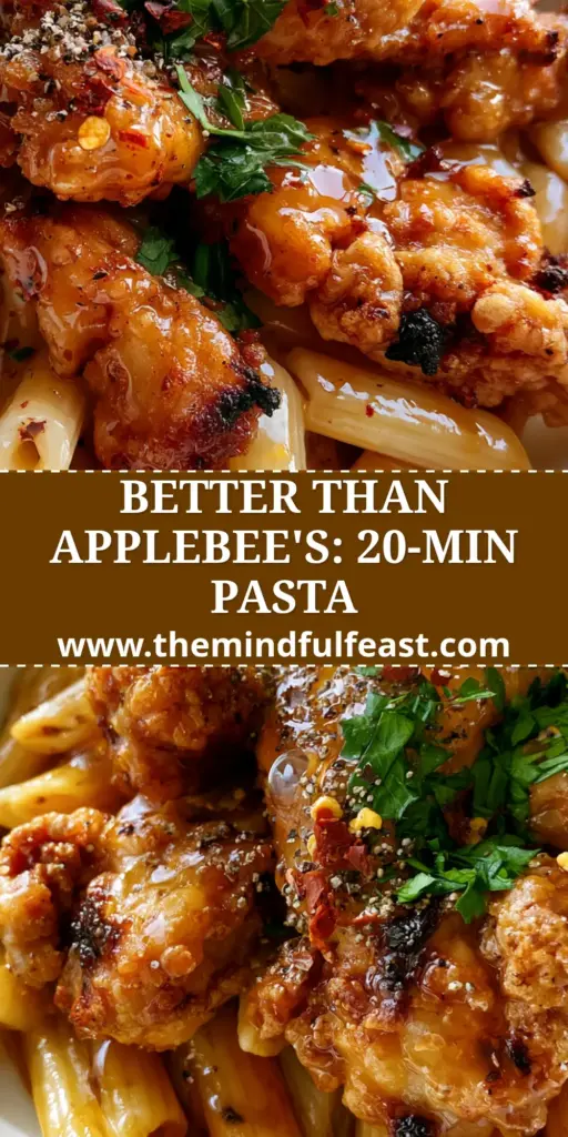 Top-down view of honey pepper chicken pasta in a white bowl showing shimmering amber glaze and crispy chicken.