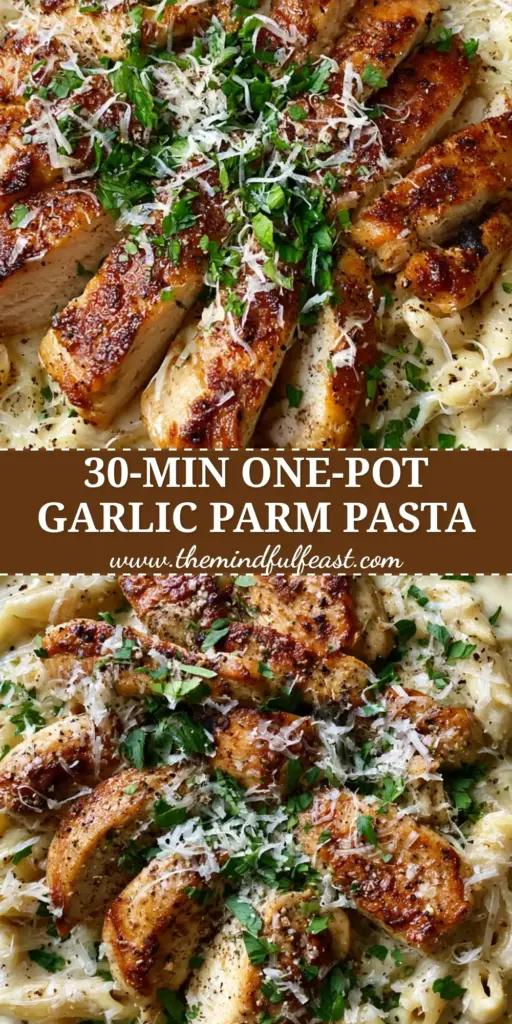 Garlic Parmesan Chicken Penne in a Rustic Cast Iron Skillet 4 A top-down view of a cast iron skillet containing Garlic Parmesan chicken penne with golden seared chicken and parsley.