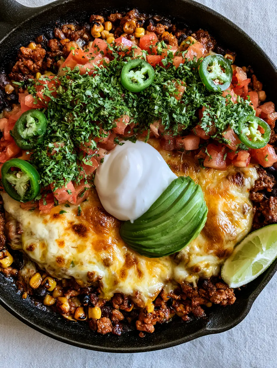 Top-down view of a sizzling Ground Turkey Taco Skillet with charred corn kernels and glistening meat. (Ground Turkey Taco Skillet)