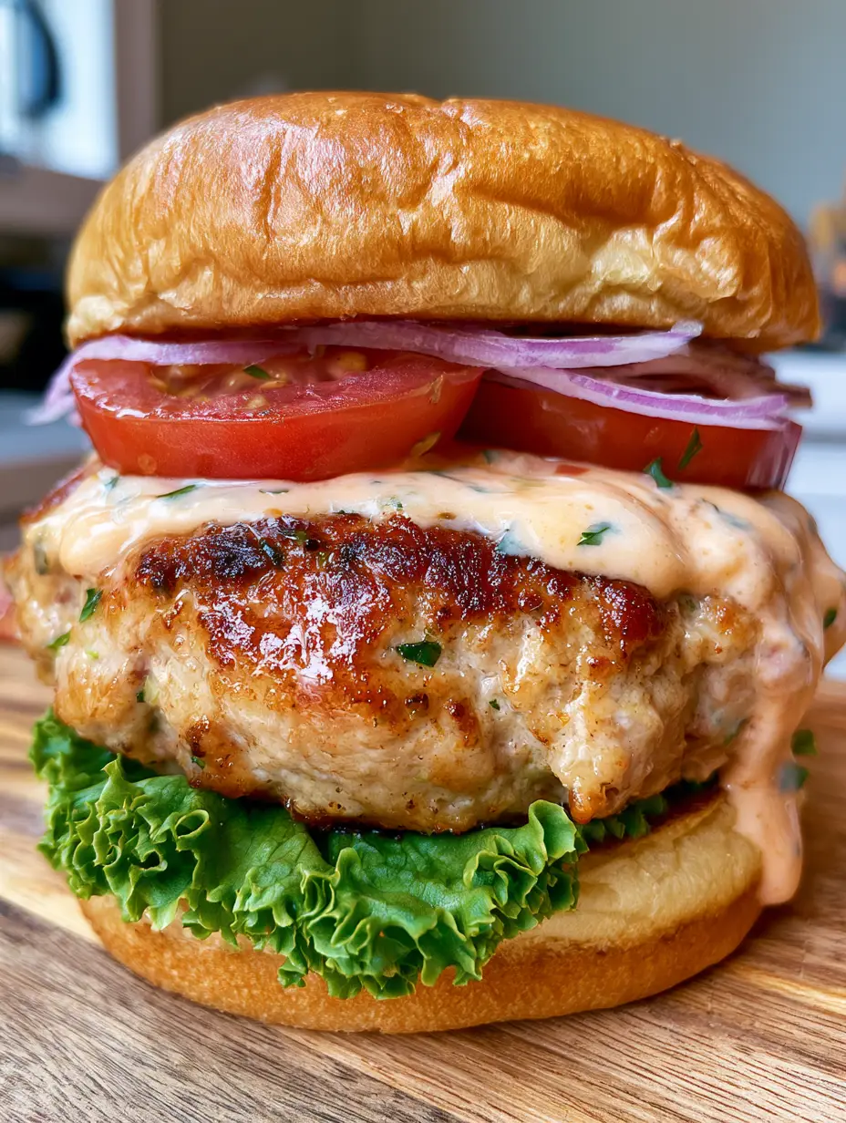 The Ultimate Juicy Turkey Burger with Melted White Cheddar and Secret Sauce 4 Extreme close-up of a seared turkey burger patty with glistening moisture and visible herbs. (turkey burger)