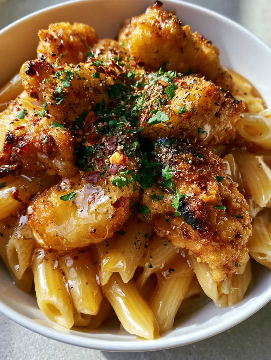 Close-up of crispy breaded chicken chunks with honey pepper glaze and red chili flakes. (honey pepper chicken pasta)
