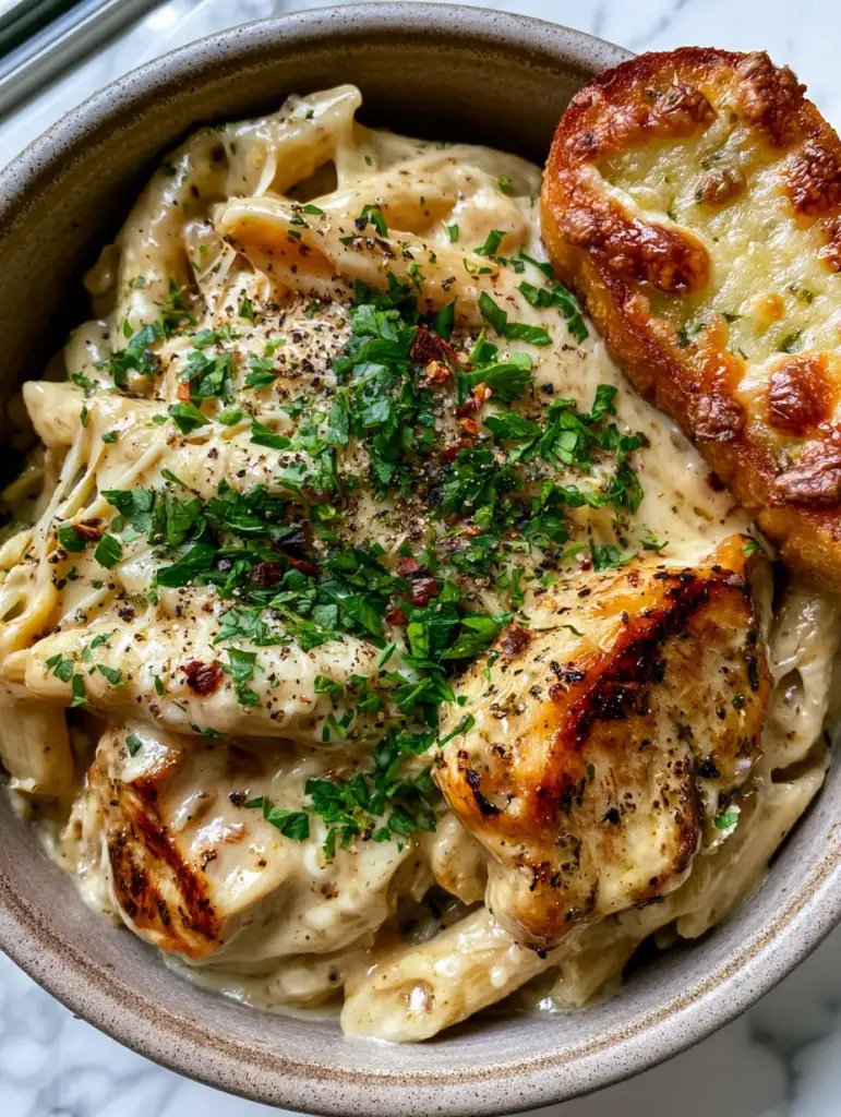 3 Cheese Chicken Penne Pasta with Toasted Sourdough Garlic Bread 2 Top-down view of 3 Cheese Chicken Penne Pasta in a rustic bowl with garlic bread on a white marble counter.