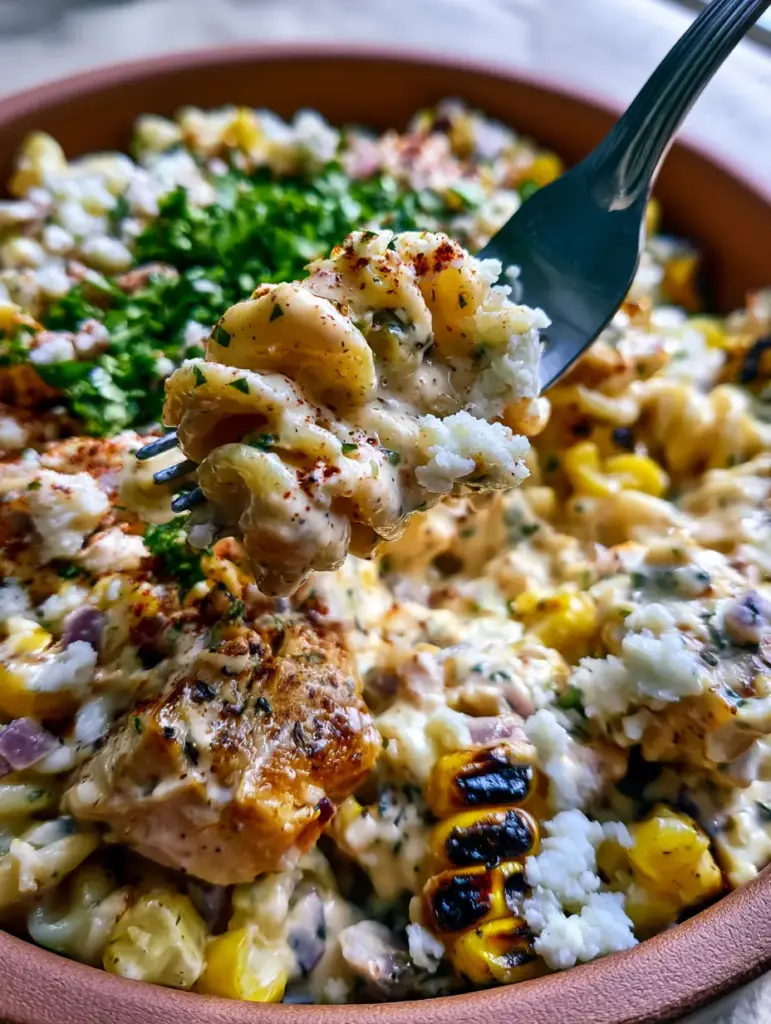 Mexican Street Corn Chicken Pasta Salad with Zesty Lime Crema 2 Macro photo of a fork lifting a bite of Mexican Street Corn Chicken Pasta Salad with glossy lime dressing.