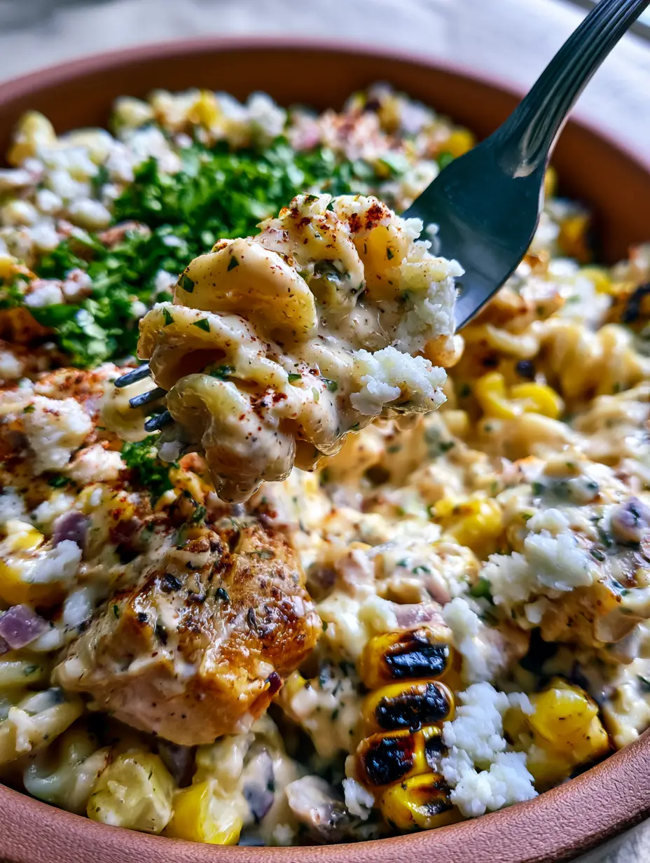 Mexican Street Corn Chicken Pasta Salad with Zesty Lime Crema 3 Macro photo of a fork lifting a bite of Mexican Street Corn Chicken Pasta Salad with glossy lime dressing.
