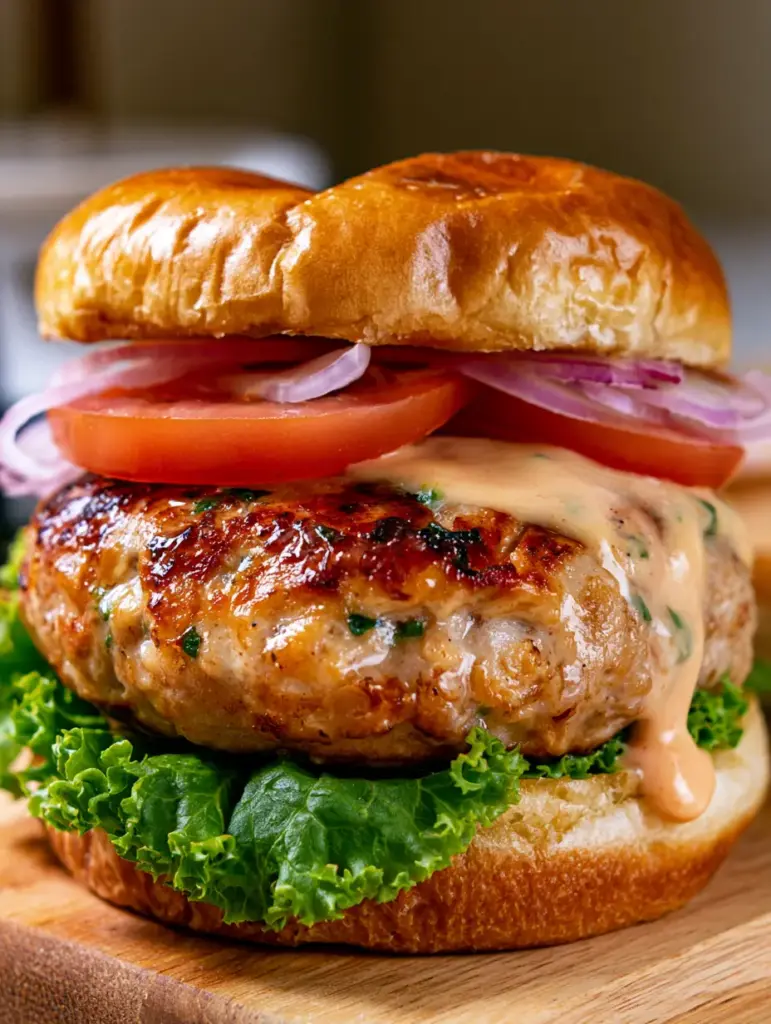 The Ultimate Juicy Turkey Burger with Melted White Cheddar and Secret Sauce 1 Layered gourmet turkey burger with dripping orange sauce and ruby-red heirloom tomatoes.